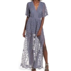 Socialite Overlay Lace Maxi Romper (S) Dusty Blue